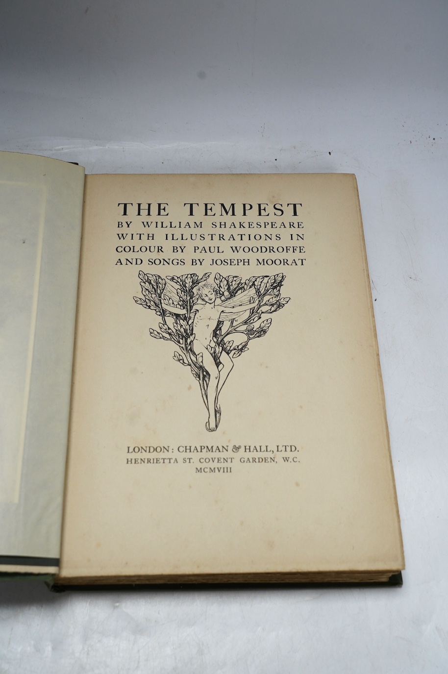 Shakespeare, William - The Tempest. title illus. and 20 coloured and mounted plates (by Paul Woodroffe) with captioned guards; gilt pictorial cloth and gilt top, 4to. 1908; Irving, Washington - Rip Van Winkle ... title i